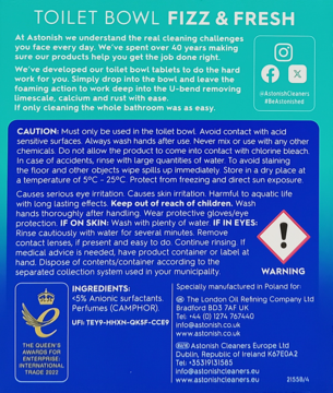 Tył opakowania Astonish Toilet Bowl Fizz & Fresh, z instrukcjami, składnikami i czerwonym ostrzeżeniem.