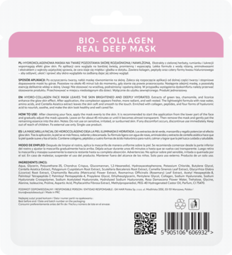 Tył różowo-białego opakowania maski BIO-COLLAGEN REAL DEEP MASK z nadrukowaną listą składników i opisem.
