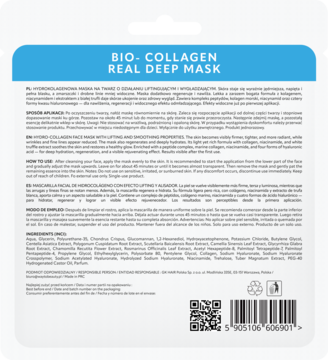 Tył opakowania hydrokolagenowej maski BIO+ Collagen Real Deep Mask. Biało-błękitna z instrukcjami.