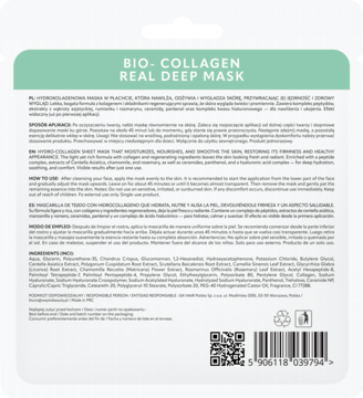 Tył białego opakowania BIO-COLLAGEN REAL DEEP MASK z zielonym nagłówkiem, opisem i listą składników.