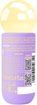 Tylna etykieta fioletowego tonera milky toner 100ml/3.4 fl.oz. z żółtą zakrętką, widoczne QR kody i skład.