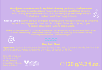 Fioletowy tył opakowania chmurki do kąpieli, 120g, z listą składników, napisem Fizzy Bath Cloud i logo cruelty-free.