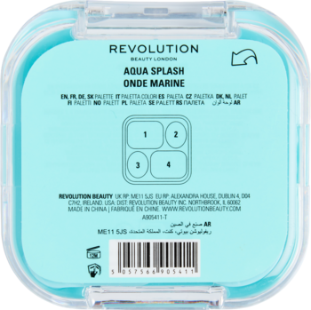 Tył palety cieni Revolution Bouncy Pop Aqua Splash Onde Marine, jasnoniebieska obudowa i etykieta z diagramem 4 cieni.