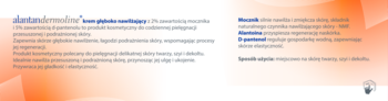 Strona informacyjna kremu Alantan Dermoline z mocznikiem, D-pantenolem i alantoiną. Białe tło z pomarańczowymi akcentami.