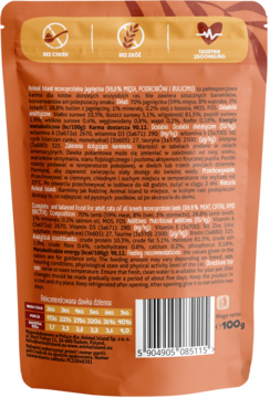 Tył brązowej saszetki karmy Animal Island Monoproteina Jagnięcina 100g, z listą składników i kodem EAN.