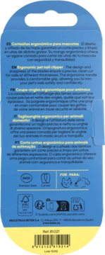 Tył opakowania ergonomicznych obcinaczek dla psów i kotów, z opisem i ikonami na niebieskim tle.