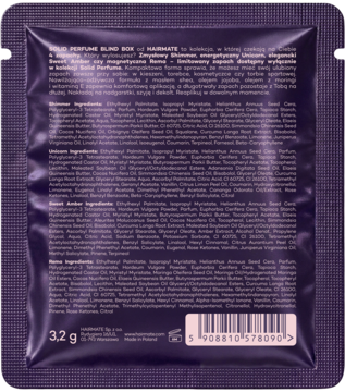 Tył fioletowej saszetki perfum do ciała w kremie Solid Perfume z listą składników. Waga 3.2g.