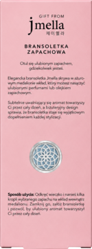 Różowa karta produktu Jmella Bransoletka Zapachowa z tekstem po polsku i srebrnym ażurowym medalionem.