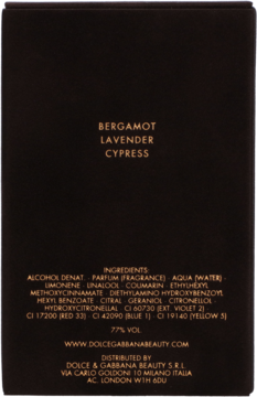 Tył czarnego opakowania Dolce & Gabbana Pour Homme Intenso EDP męska, z białym tekstem składników i nut zapachowych.