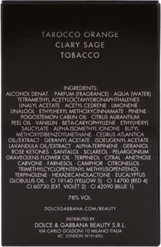 Tył czarnego opakowania perfum D&G The One z listą składników i nutami pomarańczy, szałwii, tytoniu.
