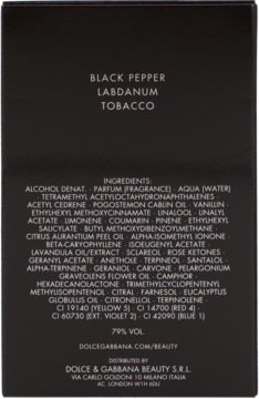 Tył czarnego opakowania perfum D&G The One For Men z listą składników. Nuty: pieprz, labdanum, tytoń.