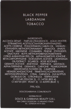 Tył czarnego opakowania perfum męskich Dolce & Gabbana The One For Men, lista składników i nuty zapachowe.