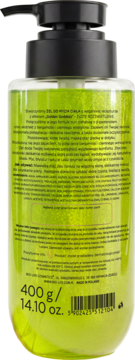 Tył zielonego żelu do ciała Piumo Your Shine z efektem Golden Sparkle, waga 400g, etykieta PL.