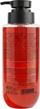 Tył nawilżającego żelu Piumo Your Shine Żurawina & Rabarbar 400g w czerwonej butelce z pompką, widoczny kod kreskowy.