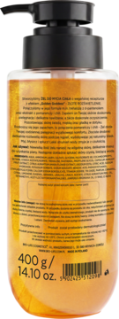 Tył butelki złotego żelu Piumo Your Shine Pomarańcza & Chili. Widoczne szczegóły etykiety, składniki i waga 400g.