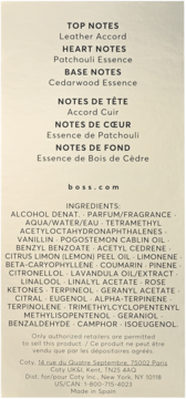 Perfumy. Zbliżenie na etykietę z nutami zapachowymi (skóra, paczula, cedr) i pełną listą składników.