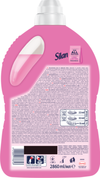 Tył różowej butelki skoncentrowanego płynu Silan All in One 2860ml, z instrukcjami i kodem.