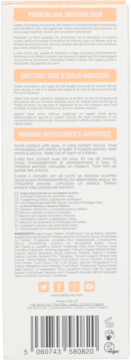 Tył opakowania Hydrating Hair Smoothing Balm. Białe pudełko z pomarańczowymi nagłówkami, składem i kodem kreskowym.