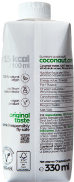 Tył opakowania wody kokosowej Coconaut 330 ml, biały karton z informacjami o wartościach odżywczych i certyfikatami.