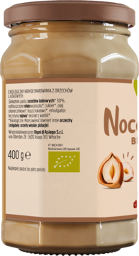 Frontowy widok szklanego słoika Nocciolata Bianca, krem orzechowy bez kakao 400g, kolor cappuccino, etykieta z orzechami.