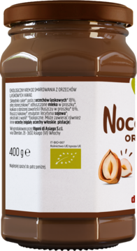 Tył brązowego słoika z organicznym kremem kakaowo-orzechowym, widoczna etykieta 400g i certyfikat BIO.