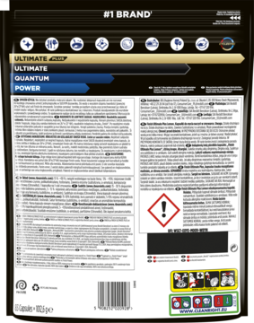 Tył czarnego opakowania tabletek do zmywarki Finish Ultimate Quantum Power z informacjami i piktogramami, ostrzeżenie.