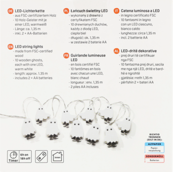 Dekoracyjne lampki LED z 10 białymi drewnianymi duszkami, ciepłe światło, widok z przodu na jasnym tle.