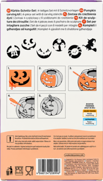 Tył opakowania zestawu do rzeźbienia dyni, instrukcje z 5 krokami i 6 szablonami do Halloween.