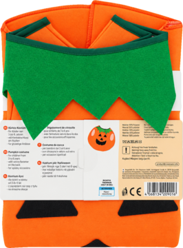 Złożony kostium dyniowy na Halloween, pomarańczowy z zielonym kołnierzem przypominającym liście, widok z tyłu opakowania.
