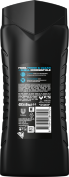 Tył czarnej butelki żelu pod prysznic AXE Alaska 3w1 z widocznymi białymi napisami składu i objętością 400ml.