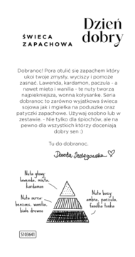 Opis świecy zapachowej Dobranoc z lawendą, miętą i paczulą. Biała ulotka z czarnym tekstem i grafiką nut zapachowych.