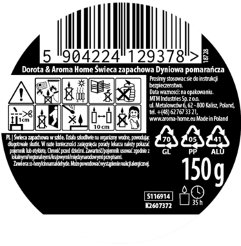 Okrągła etykieta świecy zapachowej Dorota & Aroma Home Dyniowa pomarańcza. Widoczne ikony bezpieczeństwa, kod kreskowy, 150g.