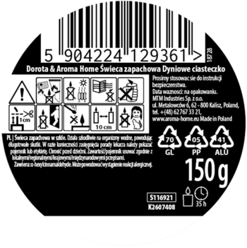 Tył czarnej etykiety świecy Dorota & Aroma Home Dyniowe ciasteczko, z kodem, ikonami ostrzegawczymi, 150g, 25h.