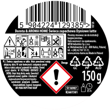 Tył etykiety świecy zapachowej Dorota & AROMA HOME Dyniowe latte 150g z piktogramami ostrzegawczymi i czasem palenia 25h.