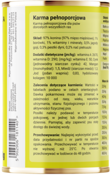 Tył żółtej puszki mokrej karmy Dobry Pies Czysta Proteina Konina. Szczegółowy opis składu i dawkowania dla psa.
