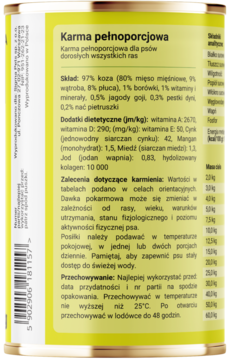 Puszka karmy dla psa Dobry Pies Czysta Proteina z Kozą; tył z żółtą etykietą ze składem i dawkowaniem.