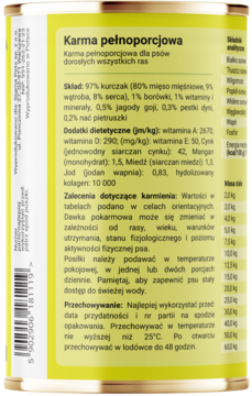 Mokra karma dla psów Dobry Pies Kurczak. Żółta puszka, tył z etykietą zawierającą skład i instrukcje karmienia.