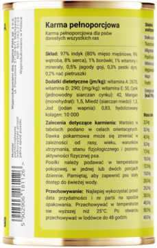 Tył puszki mokrej karmy Dobry Pies Czysta Proteina+Kolagen Indyk, z polskim składem, dawkowaniem i kodem kreskowym.