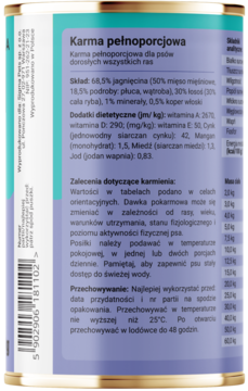 Tył puszki karmy Dobry Pies Surf & Turf Łosoś i Jagnięcina z Koprem Włoskim, widoczne szczegóły składu.