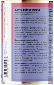 Tylna etykieta mokrej karmy dla psów Dobry Pies Surf & Turf Tuńczyk i Cielęcina z Miętą, fioletowo-biała puszka.