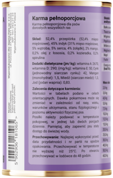 Tył puszki mokrej karmy Dobry Pies Przepiórka z Mango i Kozieradką z polskimi składnikami i instrukcją.