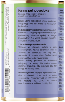 Tył opakowania mokrej karmy Dobry Pies Surf & Turf Pstrąg i Dzik, z widocznym składem i instrukcjami.