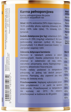 Tył złoto-białej puszki karmy Dobry Pies Surf & Turf Dorsz Wołowina dla psów, ze składem i dawkowaniem.