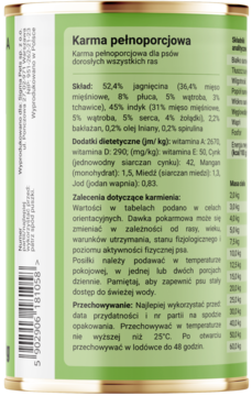 Tył puszki mokrej karmy Dobry Pies Jagnięcina z Bakłażanem dla psów, z zielono-białą etykietą i składem.