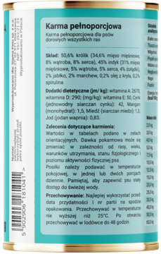 Tył puszki mokrej karmy Dobry Pies Królik z Jabłkiem i Marchewką dla psa. Widoczne składniki i dawkowanie.