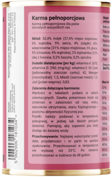 Mokra karma dla psów Dobry Pies Indyk, tył puszki z różową etykietą i pełnym składem produktu.
