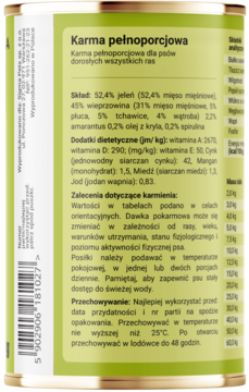 Tylna etykieta zielono-białej puszki mokrej karmy dla psów Dobry Pies Jeleń z Amarantusem, ze składem i dawkowaniem.