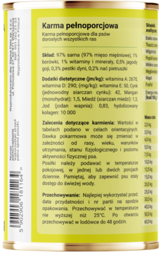 Etykieta z tyłu puszki karmy dla psa Dobry Pies Czysta Proteina + Kolagen Sarna, skład i dawkowanie.