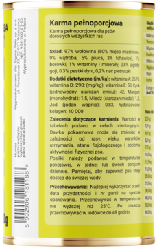 Tył zielonej puszki mokrej karmy dla psów Dobry Pies Czysta Proteina Wołowina+Kolagen, z opisem składu.