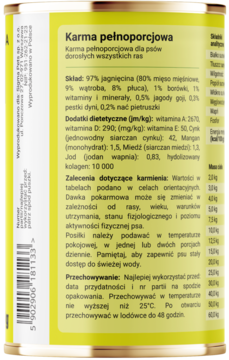 Tył puszki mokrej karmy dla psów Dobry Pies Jagnięcina z etykietą, składem i zaleceniami karmienia.